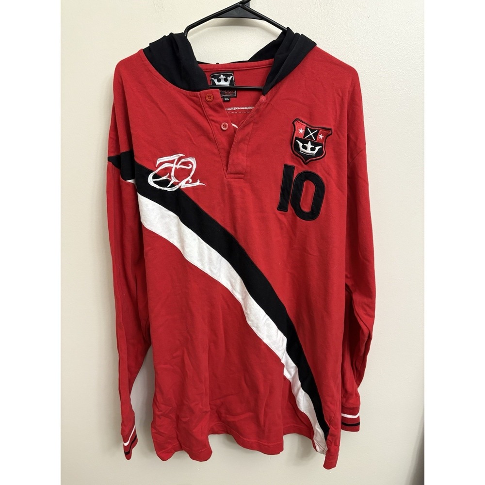 VTG Evolution Y2K Hooded Rugby Shirt Mens 3XL Red Black White Striped Crest 10